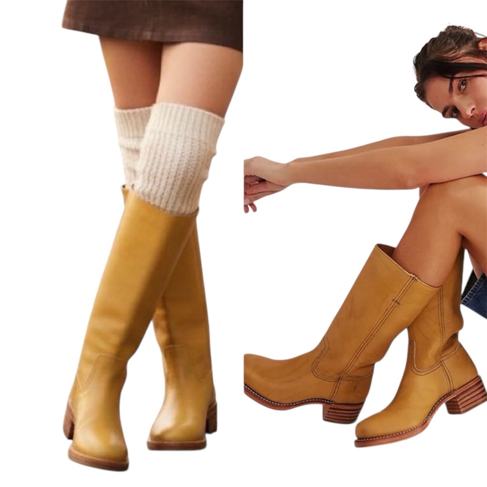 Frye Leather Knee-High Heeled Camryn Boots in Banana color